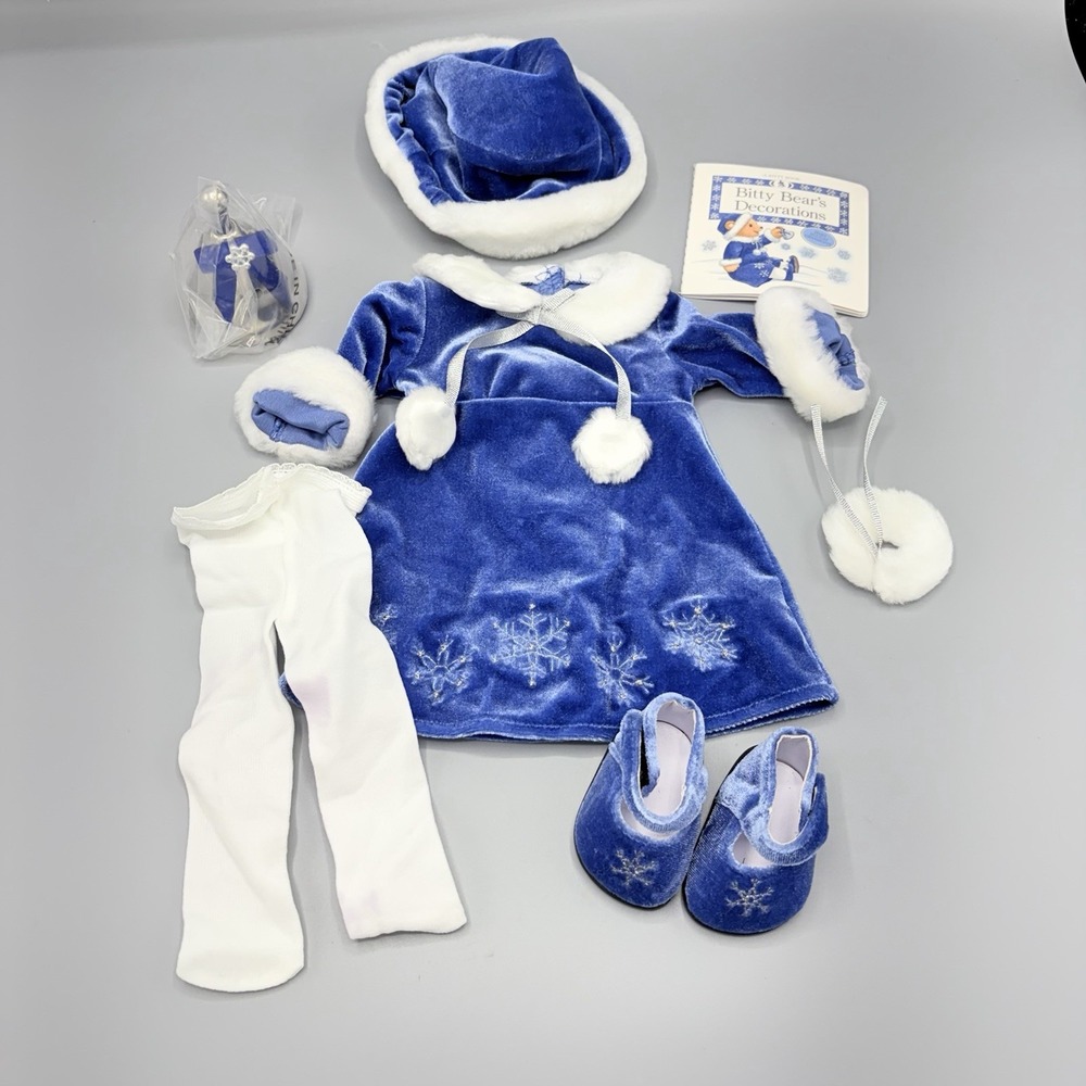 American Girl Bitty Baby Silver Bells Outfit Hat Shoes Blue Velvet Winter Dress